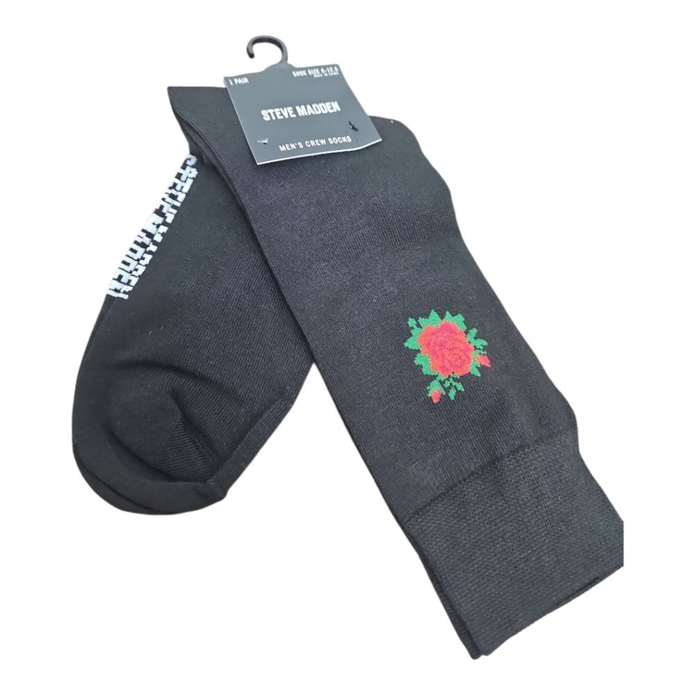 ⚡️Steve Madden Black Crew Socks with Red Floral Accent NEW‎